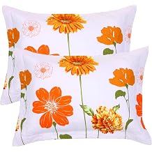 EVENHUG Quilted Pillow Shams Set of 2 Orange Sunflower Pillow Covers Floral Pillowcases Matching Bedding Decoration 20" X 36"