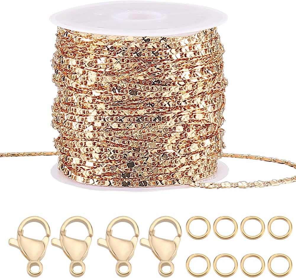 Beebeecraft 1 Box 33 Feet 10M Link Chains 18K Gold Plated Oval Chunky Link Necklace with 20Pcs Lobster Claw Clasps 50Pcs Jump Rings for Jewelry Chain Making