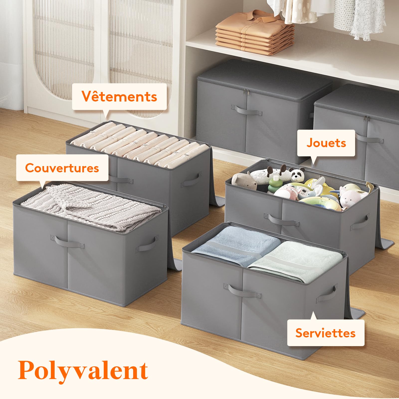 Lifewit Boite Rangement Vetement Tissu, Caisse avec Couvercle, Sac Rangement Dressing Armoire avec Fermeture éclair, Organisateur Placard pour Couverture, Jouet, Gris, 56 x 32 x 33 cm, 60L, Lot de 3