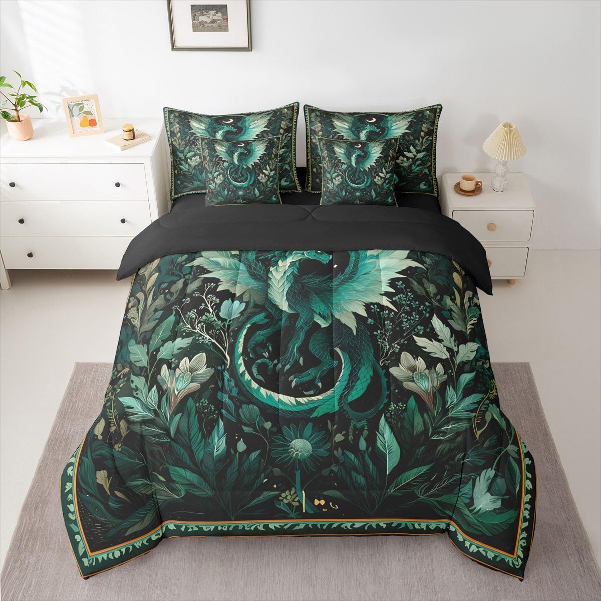 Feelyou Dragon Comforter Set Queen Size 7 Pieces Dragon Stuff Bedding Set Wild Life Bed in a Bag with Comforter,Sheets,Pillowcases,Cushion Covers Magic Wildlife Bedroom Decor Greenish Quilted