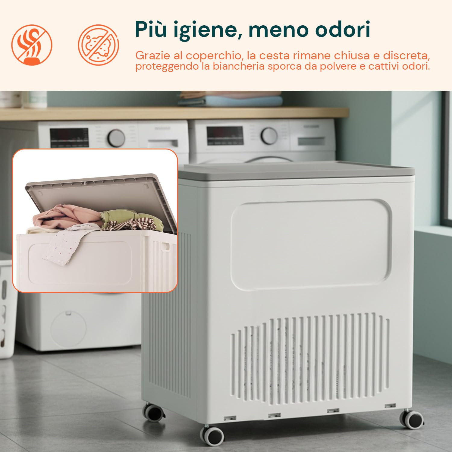 Avilia – Cesto Portabiancheria 123L con Coperchio e Ruote, Struttura Verticale Salvaspazio per Cesta Panni Sporchi, Facile da Spostare e Pulire