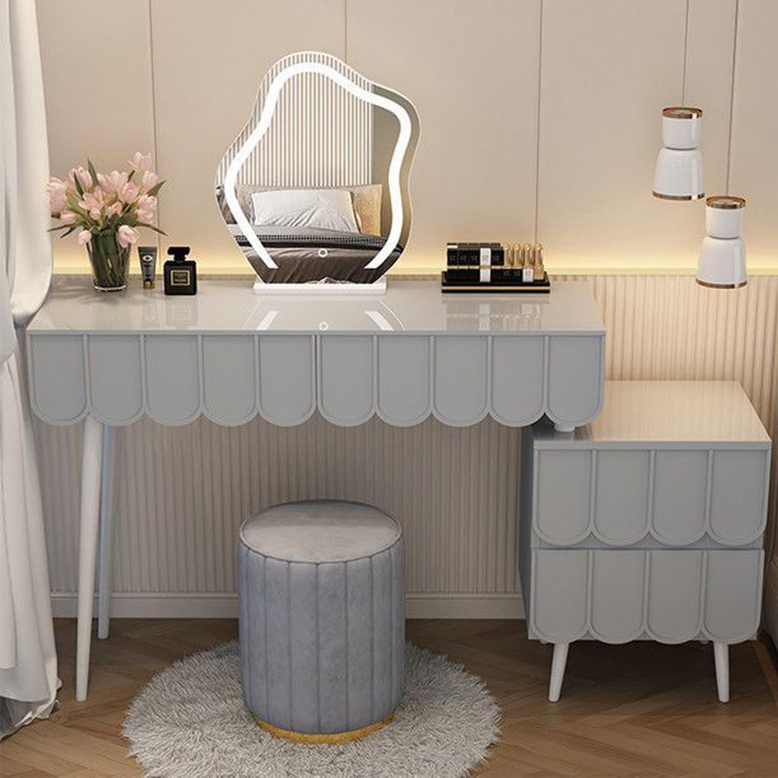 asdchZen Lighted Vanity Set With Mirror, Makeup Table & Nightstand, 3 Color Lighting Dressing Table For Bedroom, White, 120Cm-Elegant Storage & Style,Grey-120cm