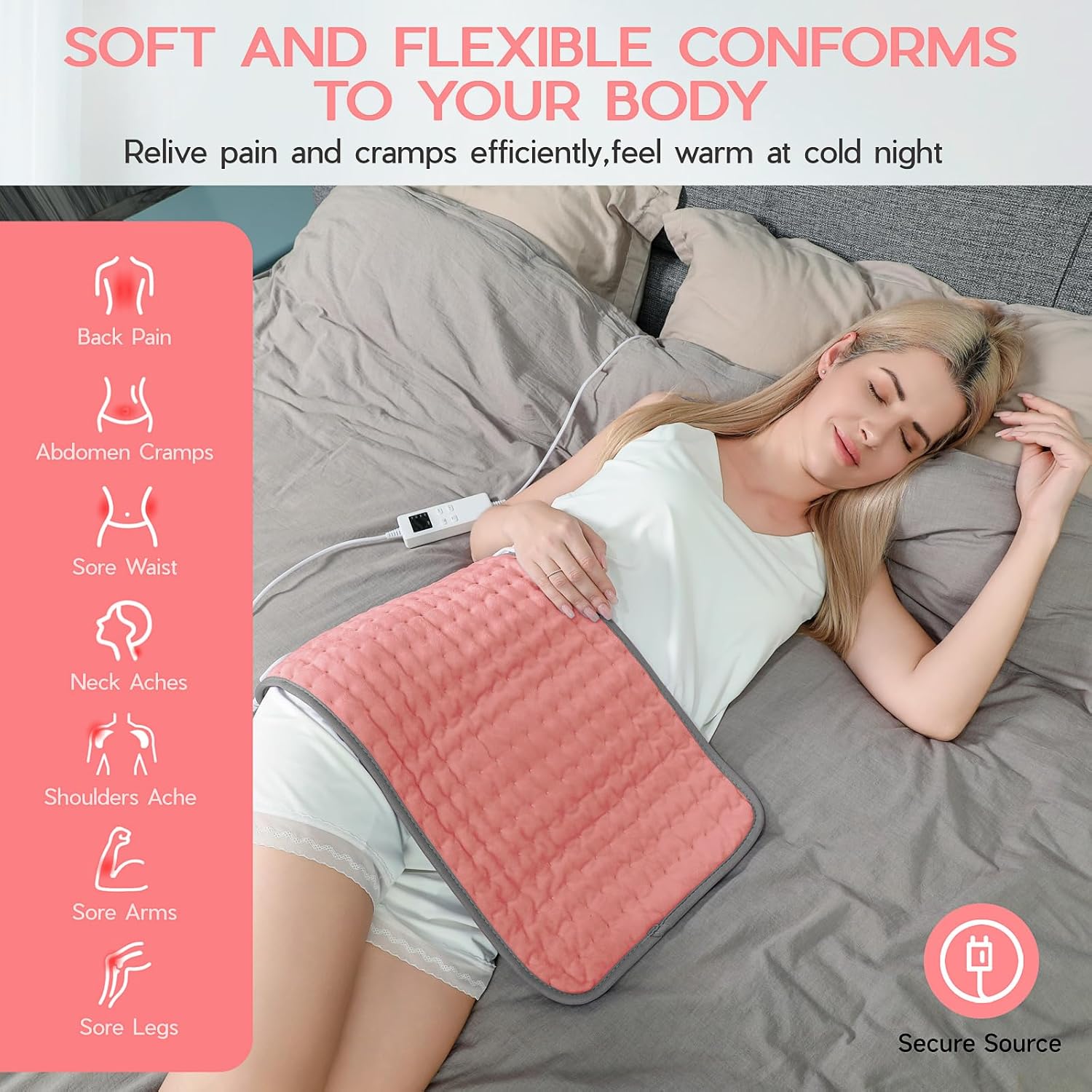 Heating Pad for Period Cramps, Heating Pad for Back/Neck/Shoulder Muscle Pain, 6 Heating & 4 Timer Setting, Auto Shut Off, Moist Heat & Machine Washable, Pink Birthday Christmas Gifts for Women Mom - Image 3