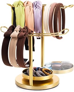 Headband Holder Organizer for Girls, Stainless Steel 2 Tier Design with 360° Rotating Headband Storage Stand, Gold Metal Head Band Holder for Women Entryway Bedroom Dresser Home Decor (Gold)