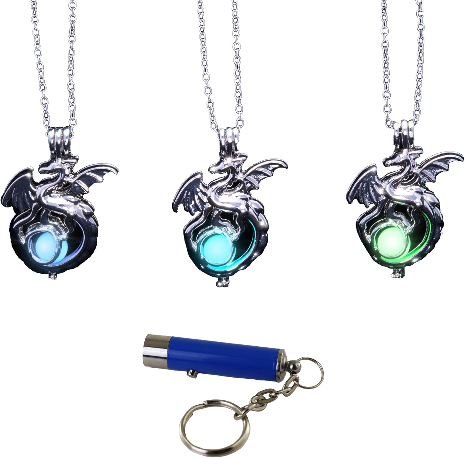 AlterImage Fiery Dragon Wings of Fire Necklace Glow In The Dark Set of 3 Luminous Jewelry Green Blue & Sky Blue Includes UV Light