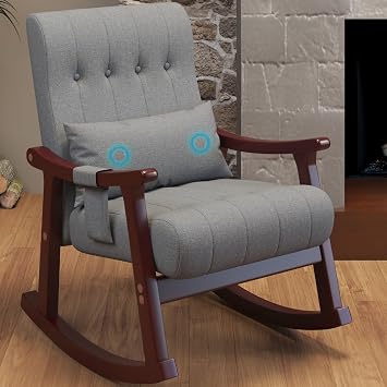 Upholstered Rocking Chair with Massage Lumbar Support,Glider Chair with Side Pocket, Nursery Rocker with High Backrest,Rubber Wood Legs, Rocking Accent Armchair for Living Room Bedroom Nursery