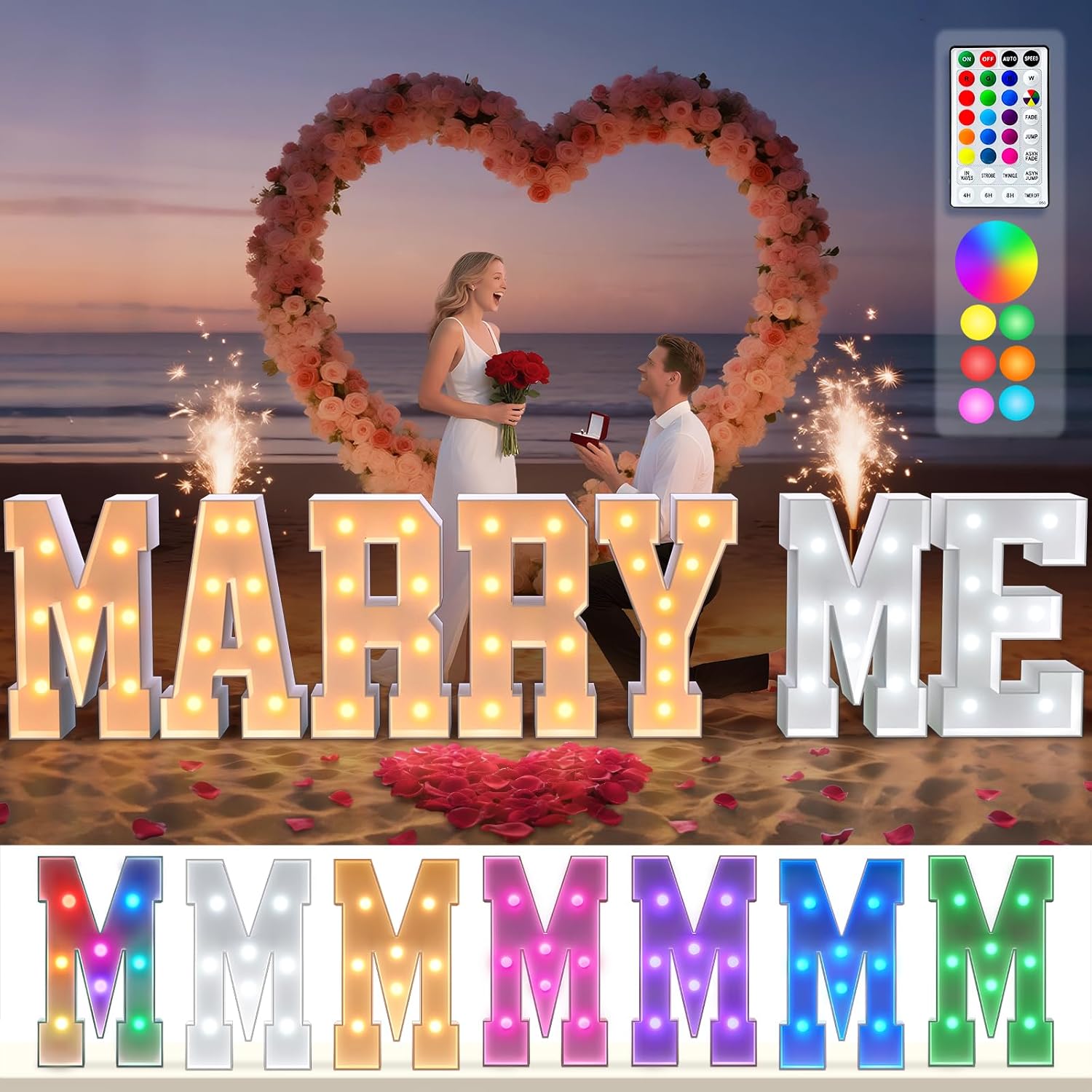 Marry Me Light-up Letters Sign: 18 Colors 3FT Large Marquee Letters Big Will You Marry Me Signs Decorations Kit for Wedding Engagement Proposal Party Reception Centerpiece Backdrop with Rose Petals