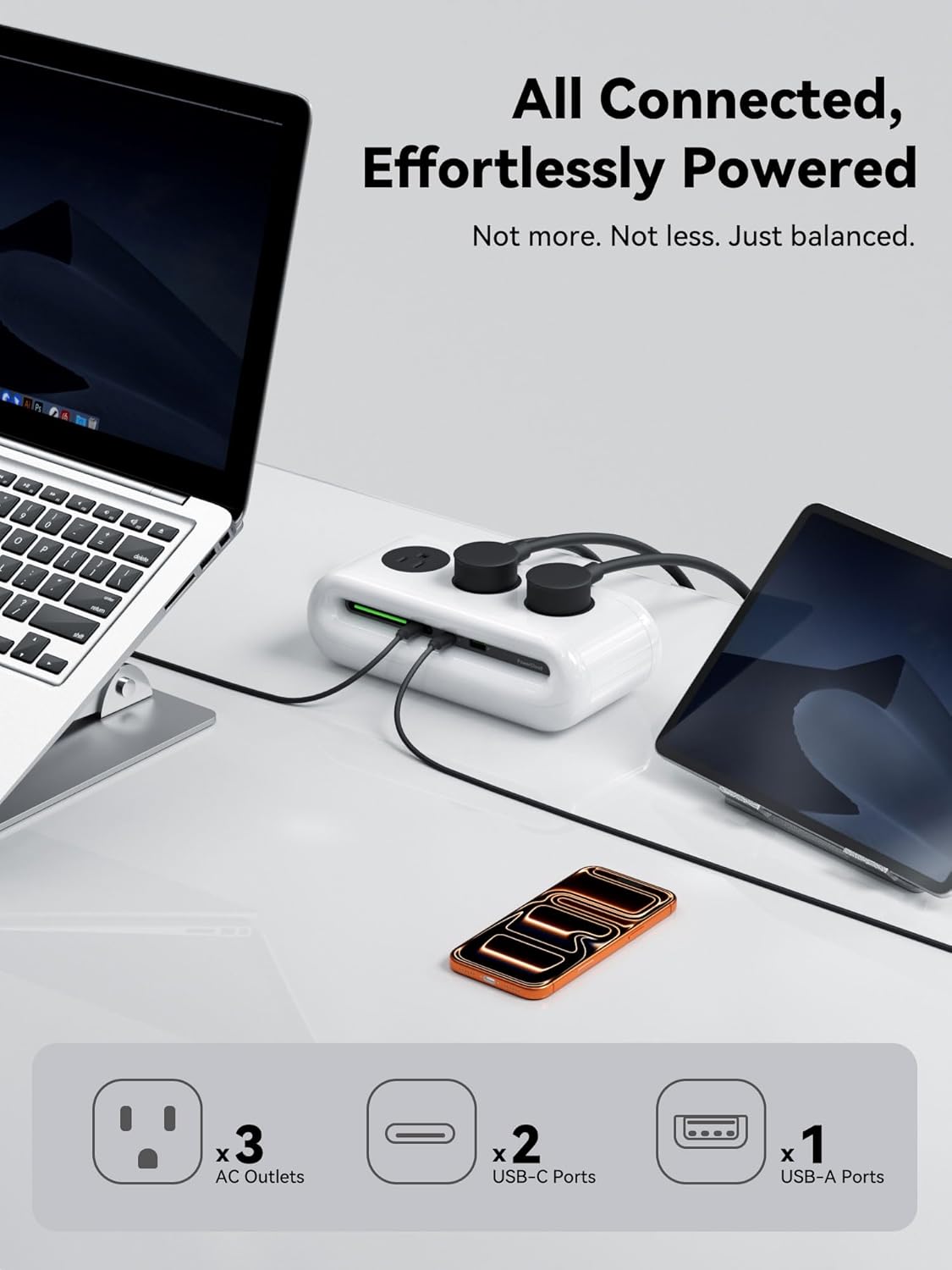 65W Charging Station, USB Ports Power Strip, 6 Port Charging Station Surge Protector with 3 AC, 2 USB C, 1 USB A, 5ft Extension Cord, Power Delivery for Home, Office, Conference Rooms, Desk Accessory