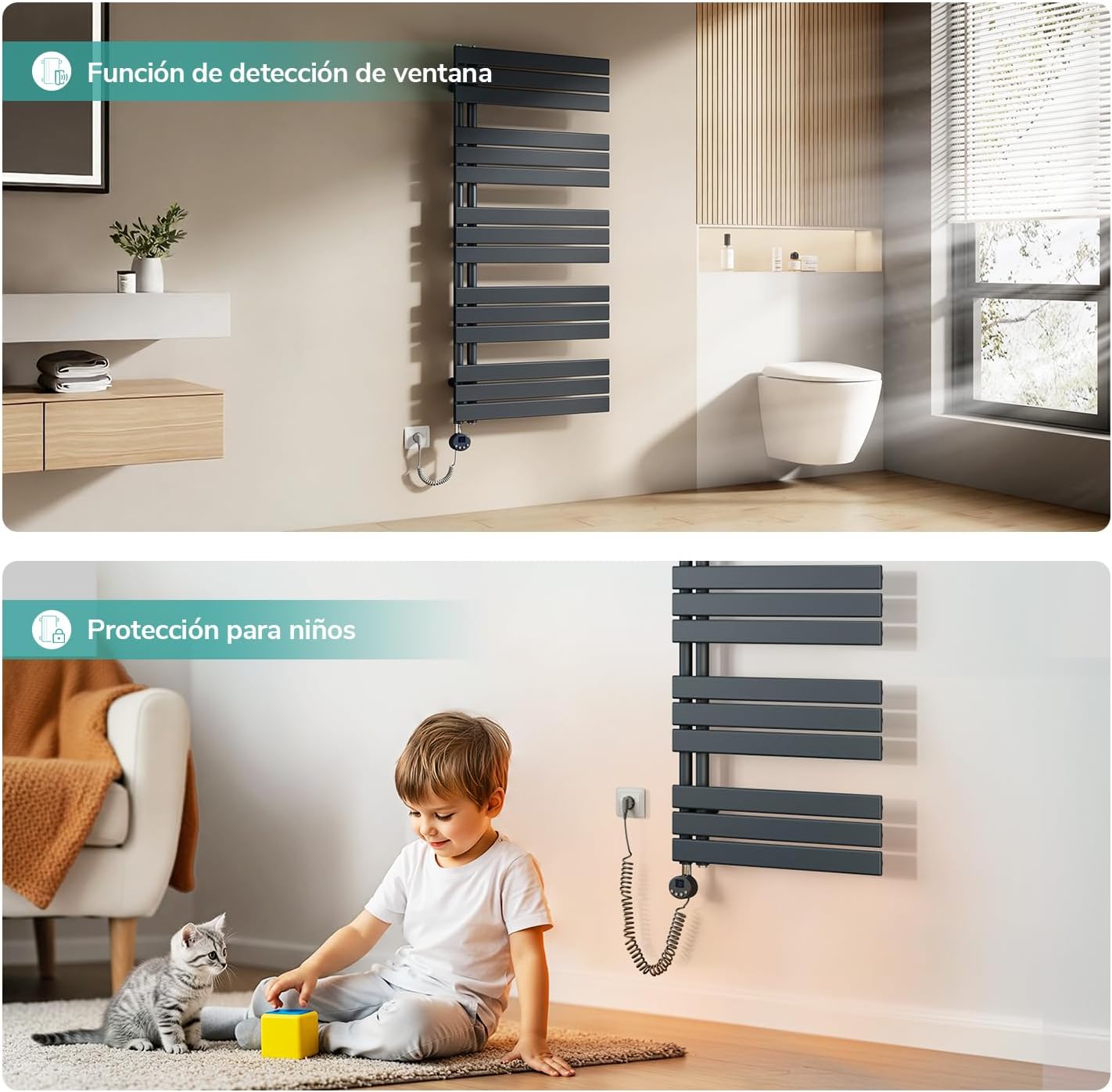 Image showing child protection feature and window detection function on the EMKE towel radiator