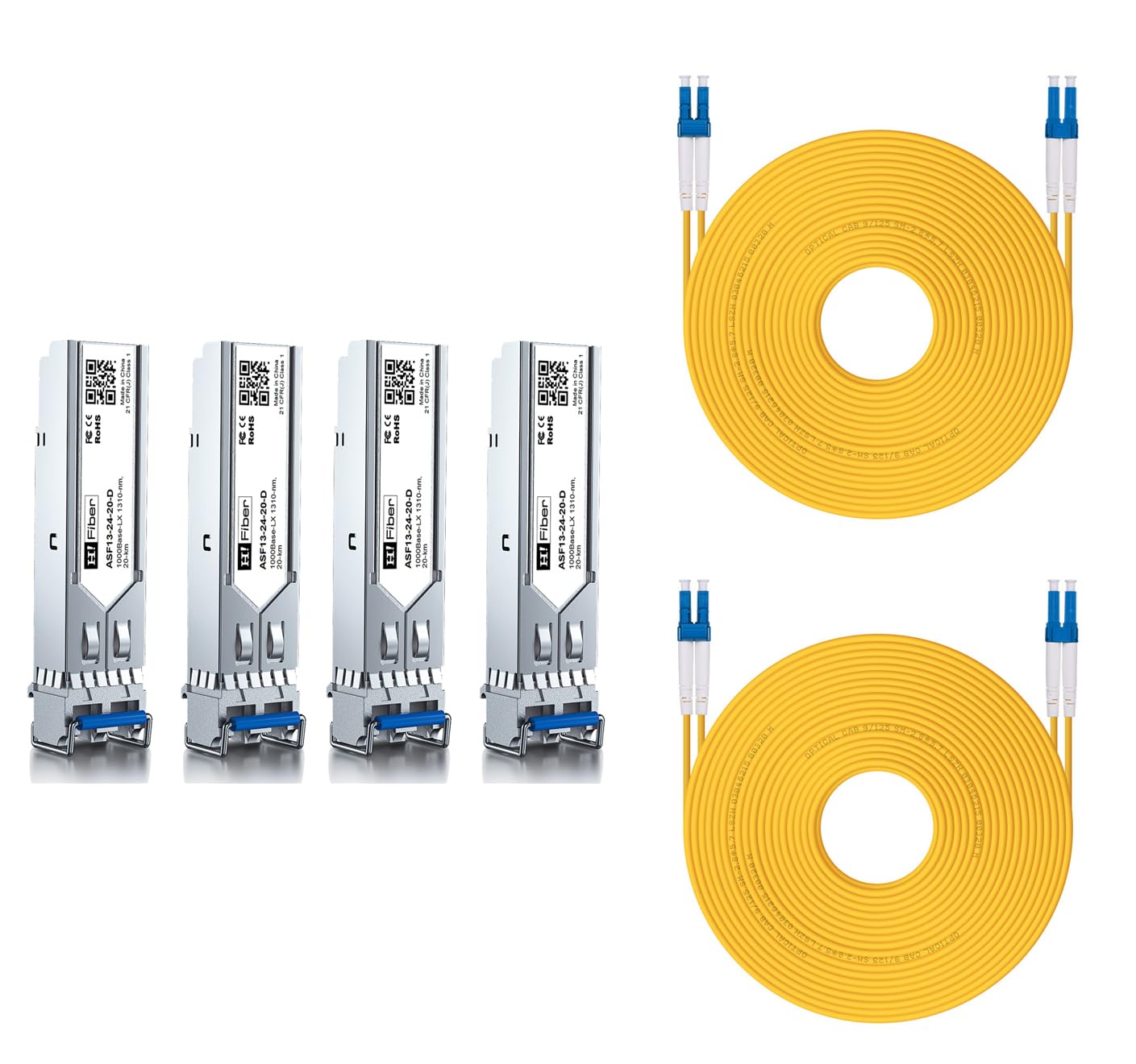 4 Pack 1G Single Mode SFP LC Module with 2 Pack 20m OS2 LC to LC Fiber Patch Cable, 1000Base-LX SFP Fiber Transceiver, SMF 1310nm, 20km, DDM, Compatible with Cisco