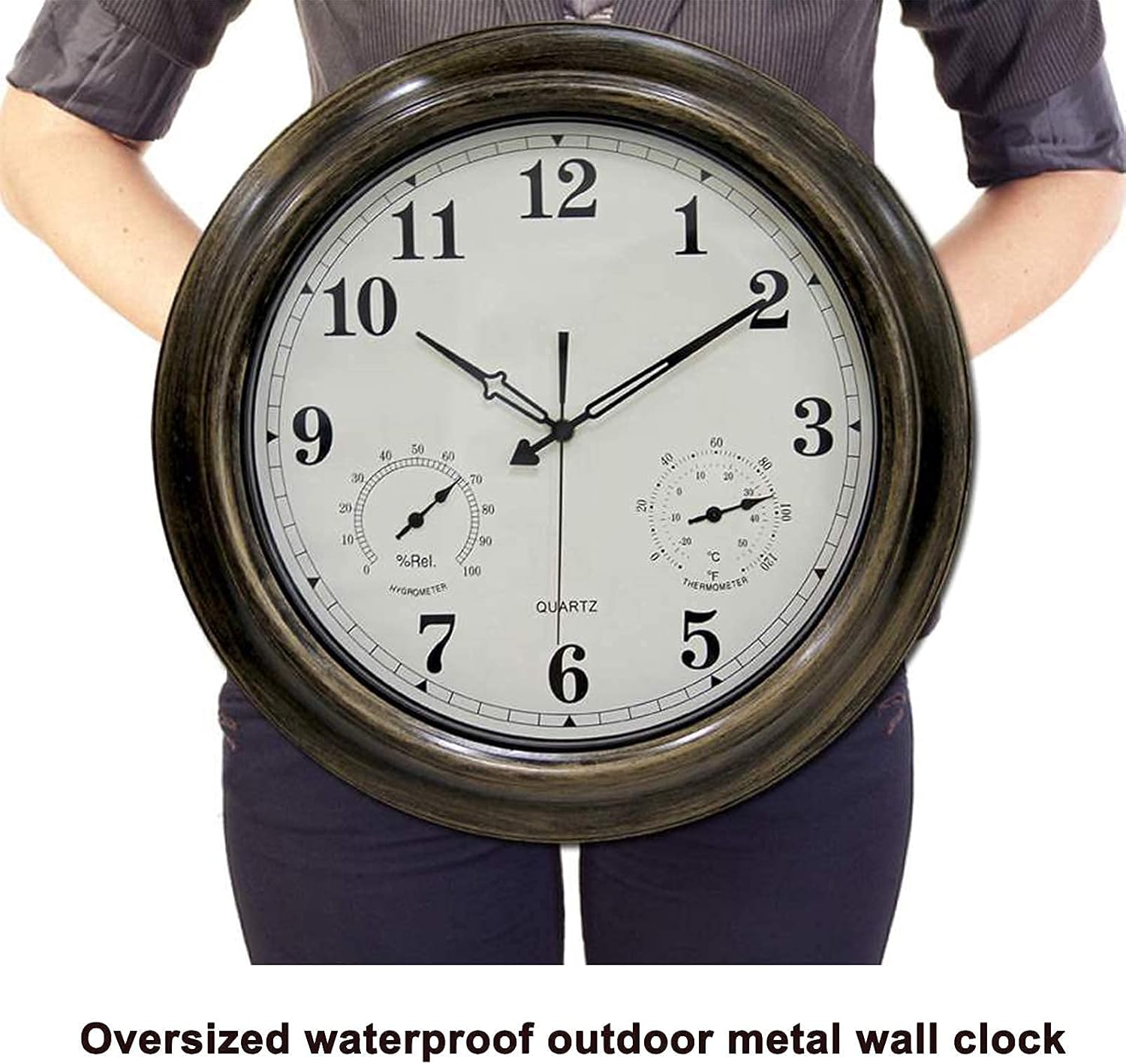 18in Large Outdoor Waterproof Metal Wall Clock, Retro Garden Silent Wall Clock with Thermometer and Hygrometer, Battery Operated Outdoor Decorative Clock for Patio Bathroom Farmhou