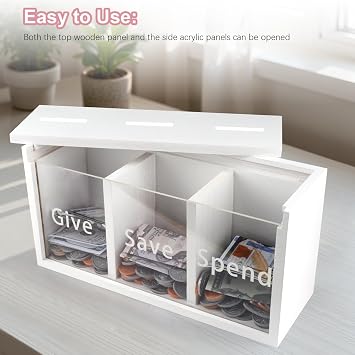Spend Save Give Piggy Bank for Kids, Money Coin Savings Piggy Bank Jar Box for Kids Child Safe Money Saver, Teach Children About Giving & Saving Money Piggy Box for Childrens Boys Girls, White