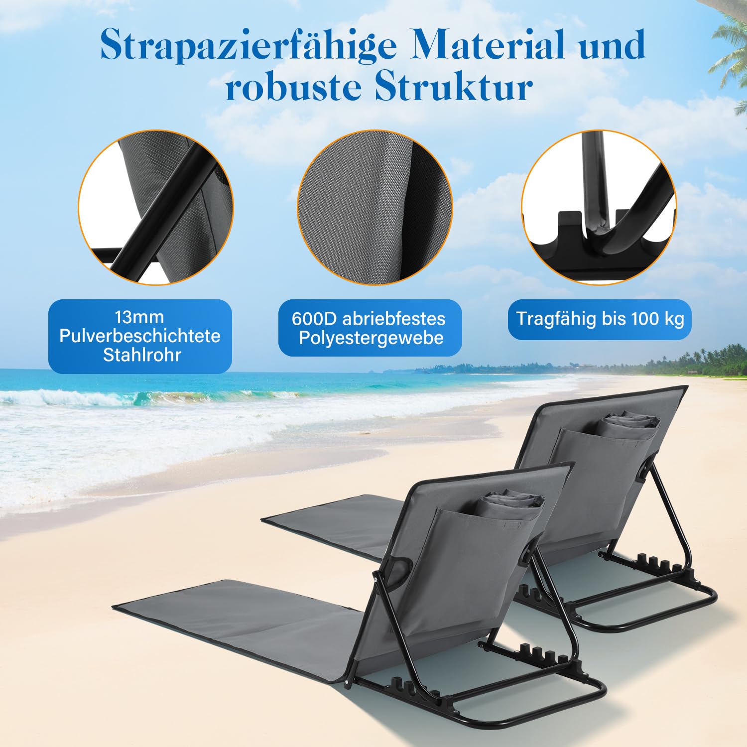 Mata plażowa z oparciem 145 cm, leżak plażowy składany, lekki, szerokość leżenia 47 cm, 1,4 kg, z poduszką i torbą do noszenia, na plażę, do ogrodu, na kemping i basen, ciemnoszara