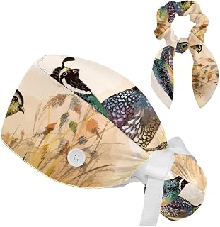 FVQL 2 Pieces Surgical Cap for Long Hair Scrub Cap with Hairband Nurse Cap, Vintage Pattern Bird Painting
