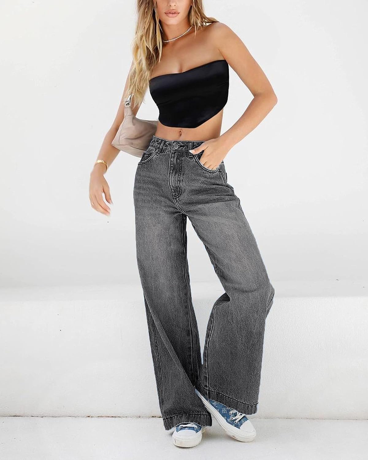 EMMIOL Weite Leg Jeans Damen Straight Mit Mittlerer Bund Hosen im Used-Look