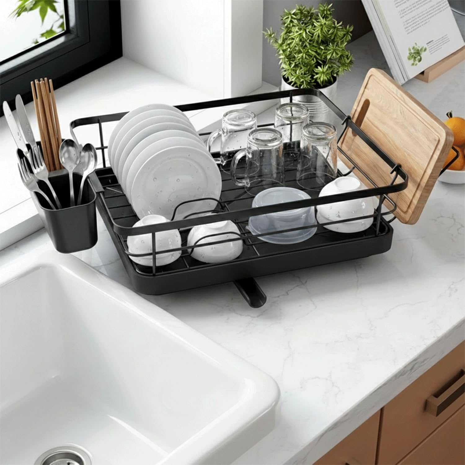 HOUSMETICS Dish Drying Rack for Kitchen Countertop, Large Capacity Dish Drainer with Drain board & Utensil Holder, Space Saving Black Dish Rack for Plates, Bowls, Cups and Cutlery