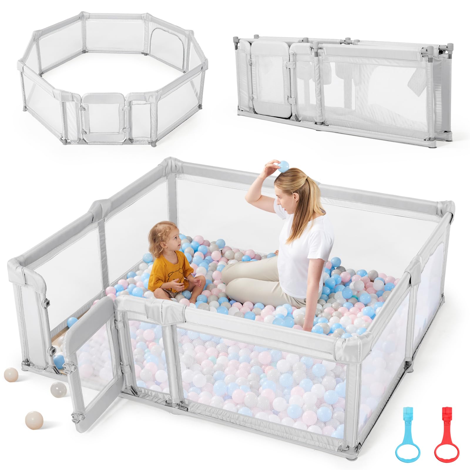 Sweeby Foldable Baby Playpen, Baby Gate Playpens for Babies and Toddlers 79x71 Extra Large Play Yard with Door Fence with Mat and Indoor Play Pen,Light Grey