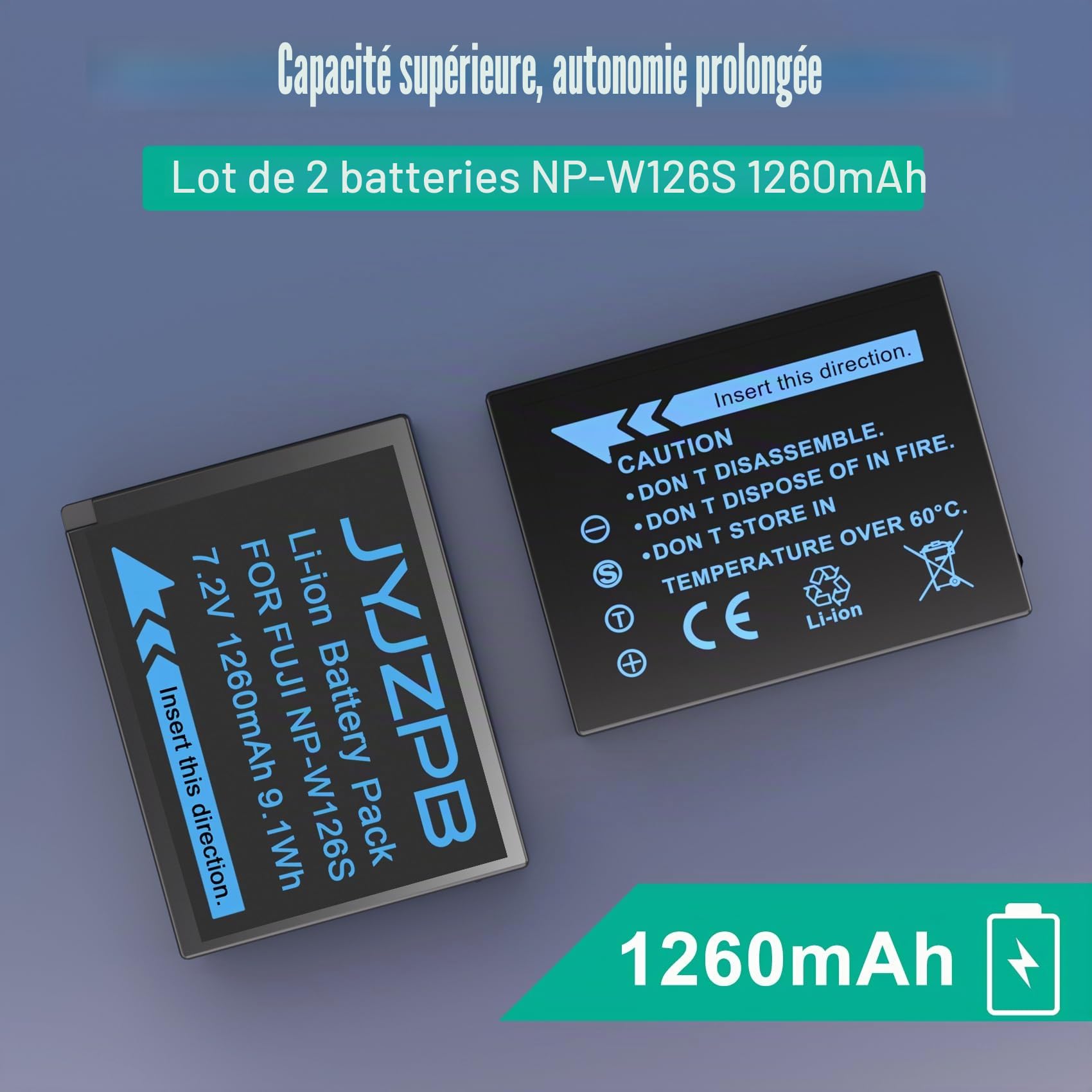 JYJZPB Pack de 2 piles NP-W126S Compatibles avec Fujifilm XM5, X100VI XT30ii XT3 XT2 XT1 A10 XA7 A5 A3 A2 A1 XT20 XT10 XT30 XT100 XT200 Appareils photo Fuji avec chargeur de piles NP-W126