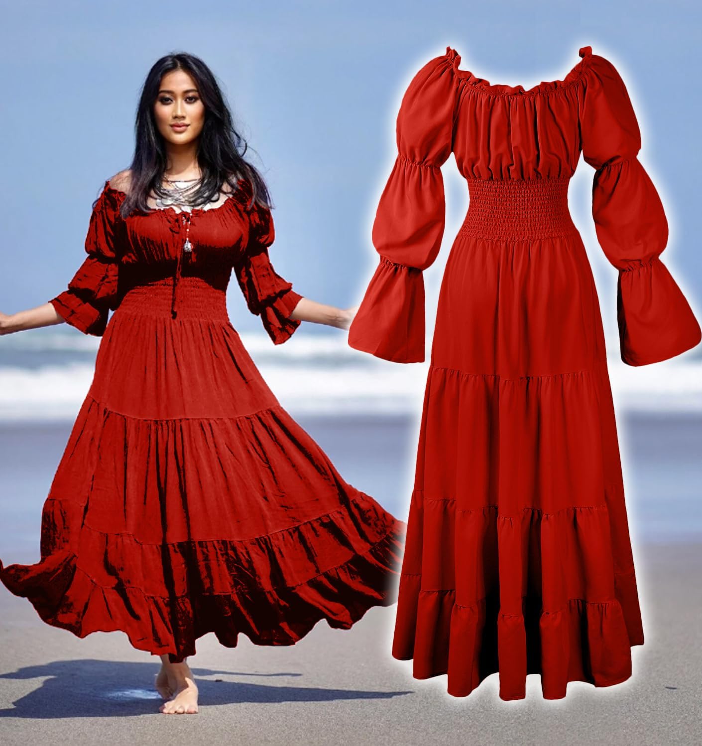 BITSEACOCO Halloween Renaissance Dress for Women, Medieval Victorian Gothic Pirate Peasant Witch Costume Irish Fairy Dresses - Image 3