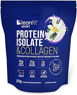 LEANFIT SPORT PROTEIN ISOLATE & COLLAGEN, Natural Vanilla, Grass-Fed Isolate Protein and 100% Hydrolyzed Bovine Collagen Powder (Type I, III), Gluten-Free, Low Carb, 30g Protein and 10g Collagen Per Serving, 57 Servings, 2kg Tub