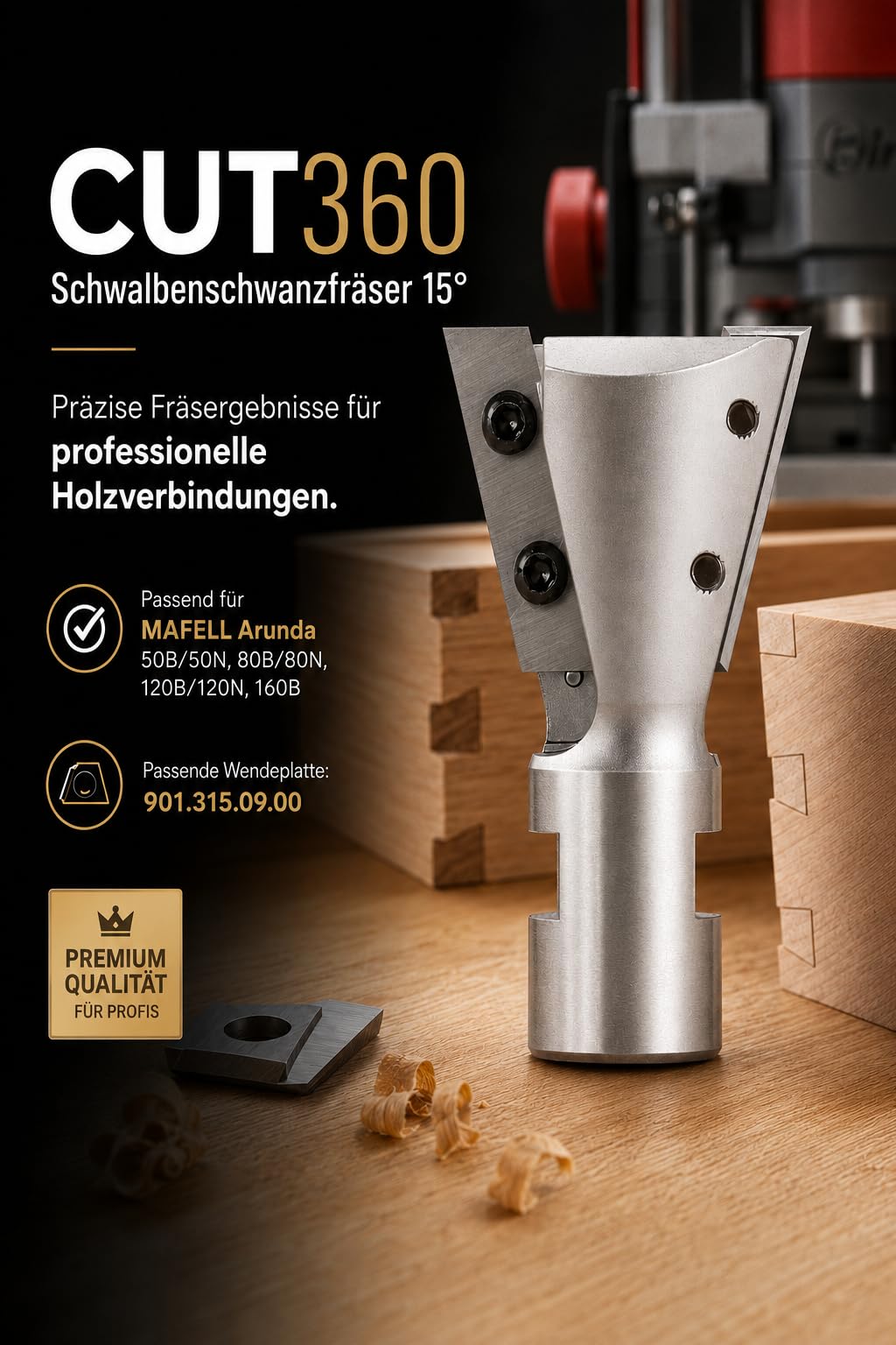 CUT360 - Zinkenfräser/Schwalbenschwanzfräser 15° für Arunda® System | Ø 40 HM, rechts | AL 31,5 mm, GL 65,5 mm | Schaft M12x1 | inkl. Wendemesser | Wendeplatte 901.315.09.00