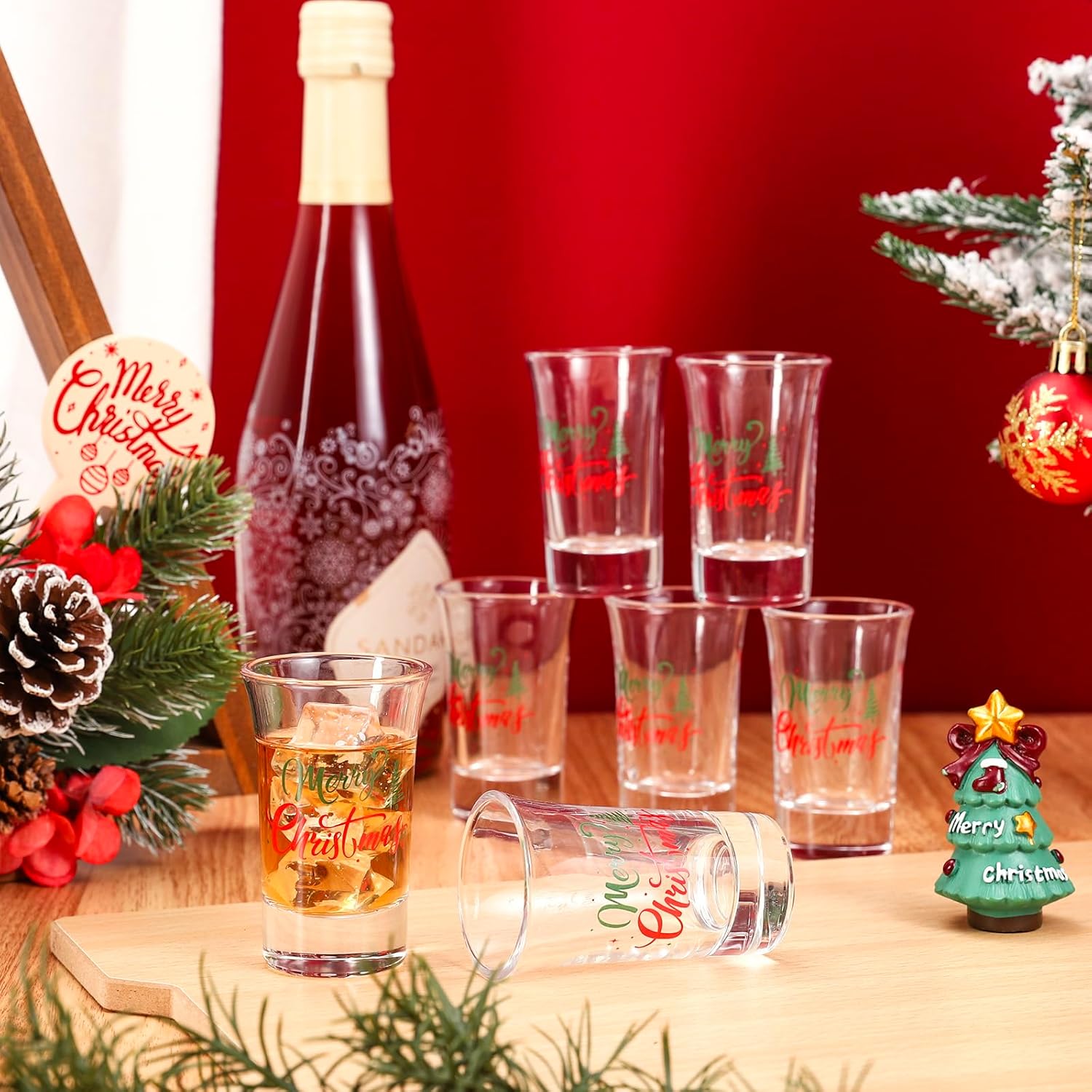 Whaline 24 Sets Merry Christmas Shot Glasses 1.5oz Red Green Shot Glass Cups with Xmas Paper Tags Clear Organza Bags and Ribbons for Christmas Holiday Drink Party Supplies