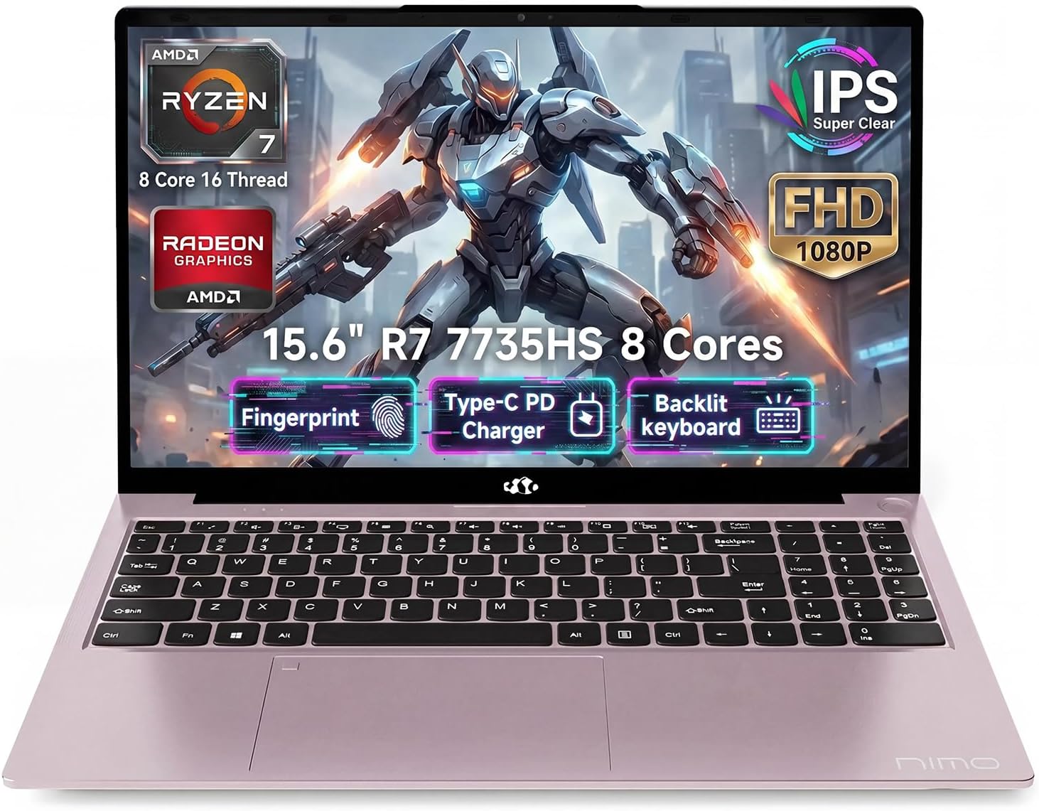 NIMO Gaming Laptop, AMD Ryzen 7 7735HS 8 Cores, 15.6", 8GB DDR5 256GB SSD, Windows 11, FHD IPS 180° View, Fingerprint, Backlit Keyboard, 100W Fast Charging, WiFi 6E Computer, for Business & Student