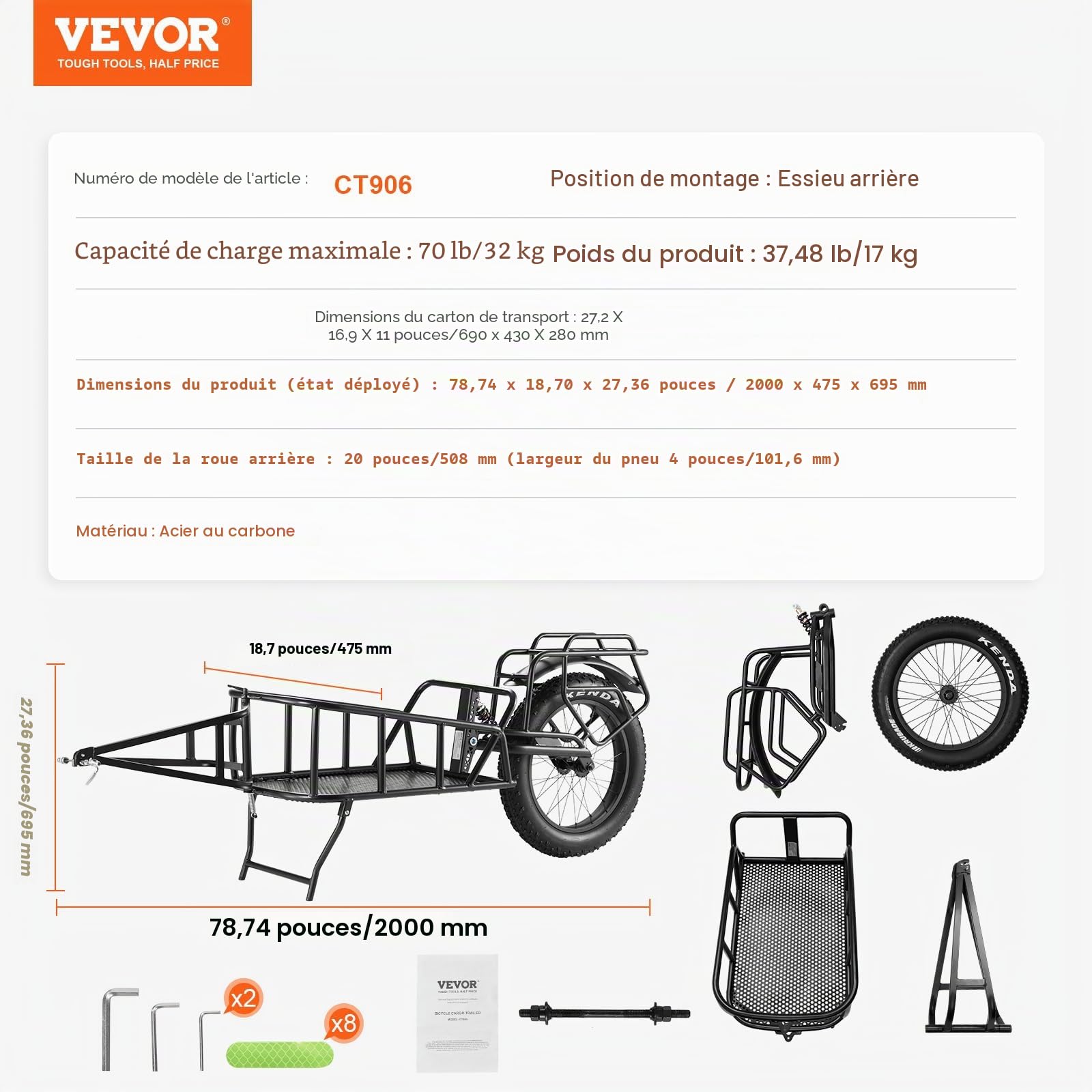 VEVOR Remorque de vélo avec capacité de charge de 31,8 kg/125 kg, chariot de vélo robuste, structure à dégagement rapide avec attelage universel, roues de 50,8 cm, s'adapte à la plupart des roues de