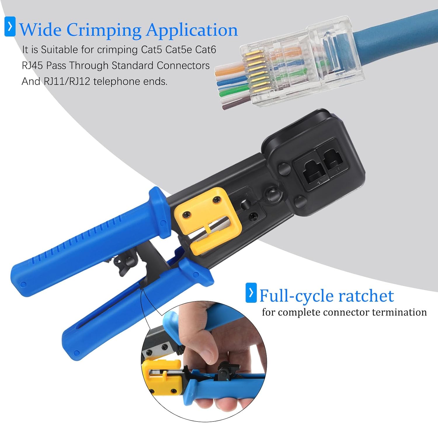 PETECHTOOL RJ45 Crimp Tool Cat6 Cat5e Cat5 Ethernet Crimper Kit for RJ45 RJ12/11 Pass Through Connectors with 50pcs rj45 Cat6 Pass Through Connectors, 50pcs Covers, Wire Stripper; Network Cable Tester