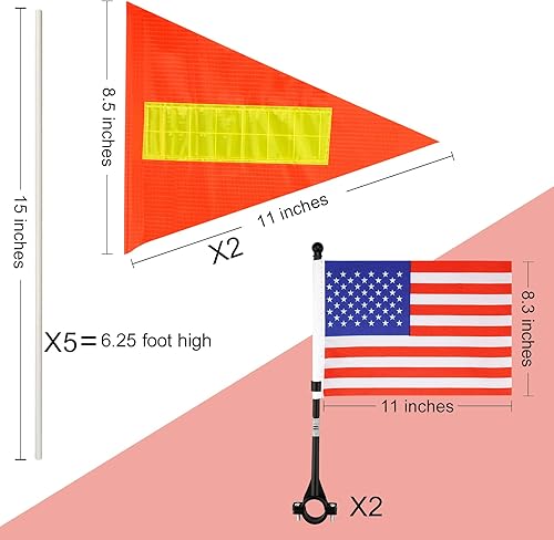 Miniatura 3 de Banderas de bicicleta con poste para seguridad, juego de 2 banderas de seguridad para bicicleta con correa reflectante, altura ajustable, fibra de