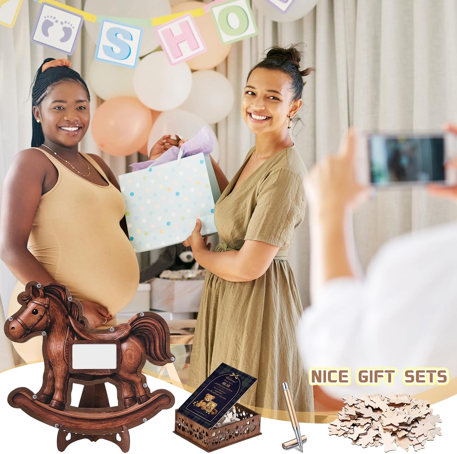 Novabright 64 Pcs Rocking Horse Baby Shower Guest Book Alternative, Bear Wooden Sign Book with Photo Frame Stand Pen and Tartan Plaid Welcome Sign Box, Keepsake for Baby Shower Gender Reveal Party