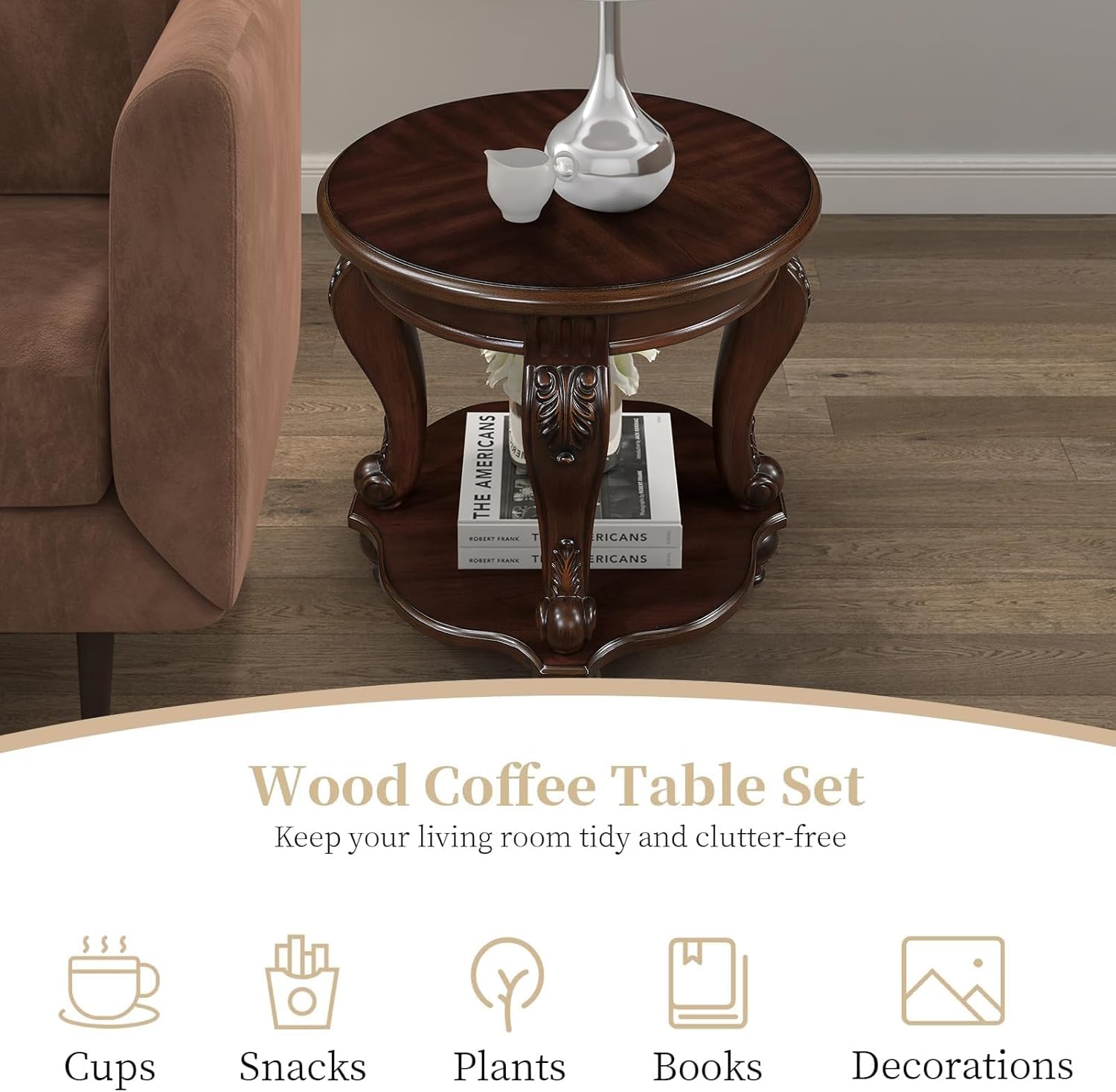 Vintage Small Round End Table 22" Wood Side Table, Antique Table Legs with Elegant Carvings, Easy Assembly, Cherry