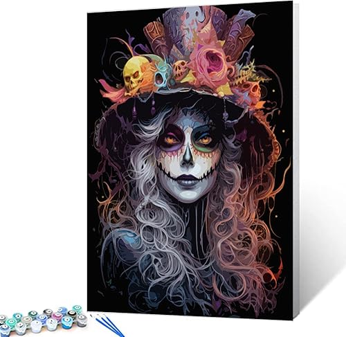 Miniatura 2 de Tucocoo Bumbers - Pintura de retrato de mujer de Halloween para adultos, sombrero de calavera de calabaza, pintura por números, pintura acrílica,