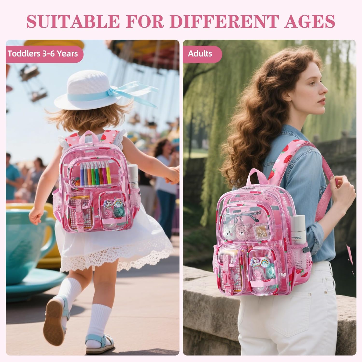 Mini Clear Backpack for Stadium Approved 12x6x12, Small Transparent Backpacks Plastic See Through Clear Bag for Kids Grils Women for Sporting Event, Concerts, Work, Festival (Strawberry) - Image 8