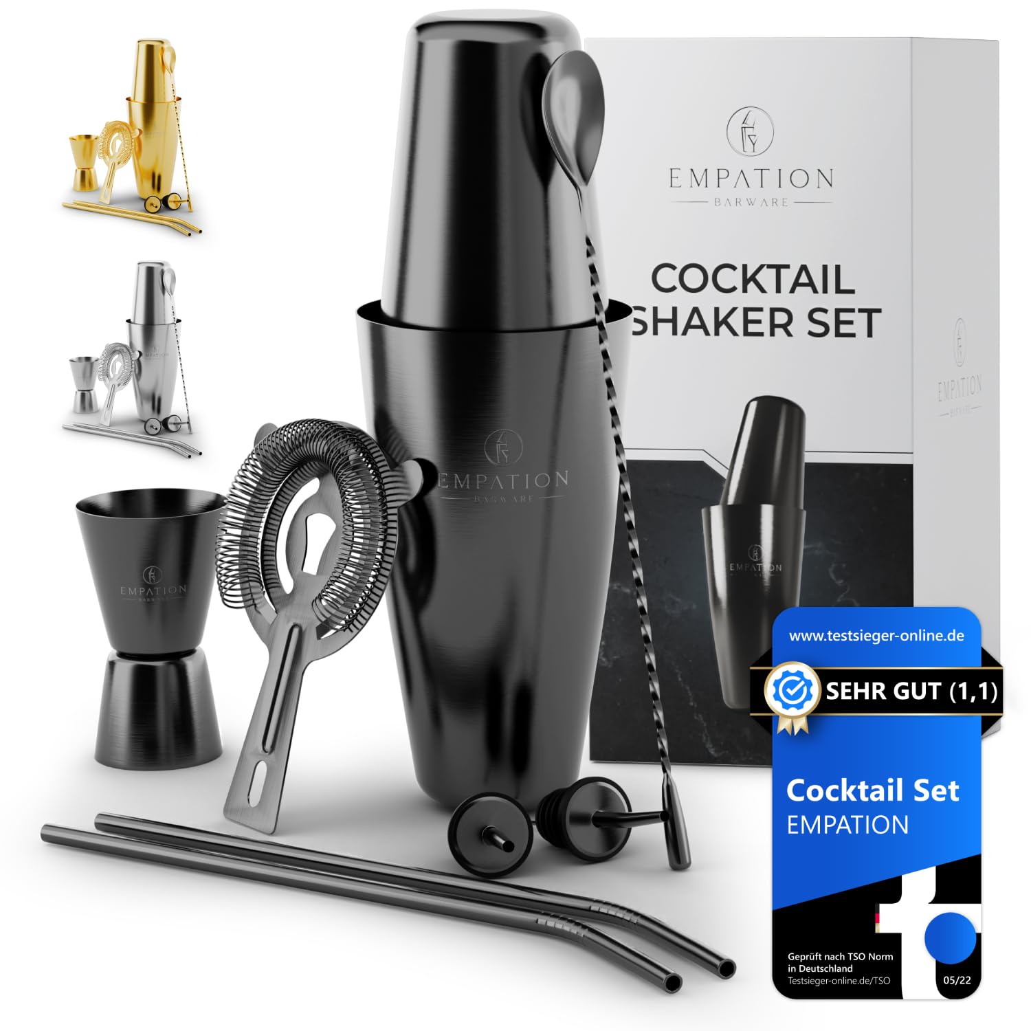 EMPATION Cocktail Shaker Schwarz, 8-teiliges Cocktail Set - 825ml Boston Shaker aus Edelstahl, minimalistisches Cocktail Zubehör, Bar Set für Anfänger & Profis, Cocktailshaker Set als Präsent geeignet