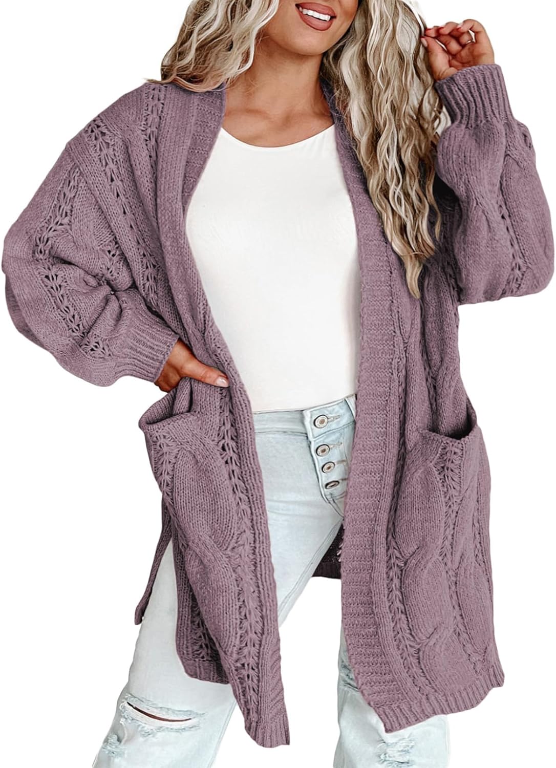 Eytino Plus Size Cardigans for Women Open Front Long Sleeves Lightweight Fall Sweaters with Pockets(1X-5X)