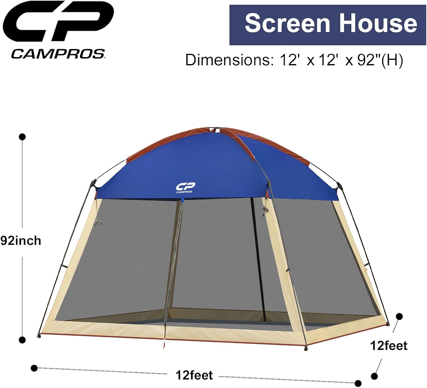 CAMPROS CP Screen House Room 12x12 Ft Mesh Net Tent Canopy Shelter Gazebo for Patios Outdoor Camping Activities - Navy, 12x12FT Blue, CP-1212S-NY