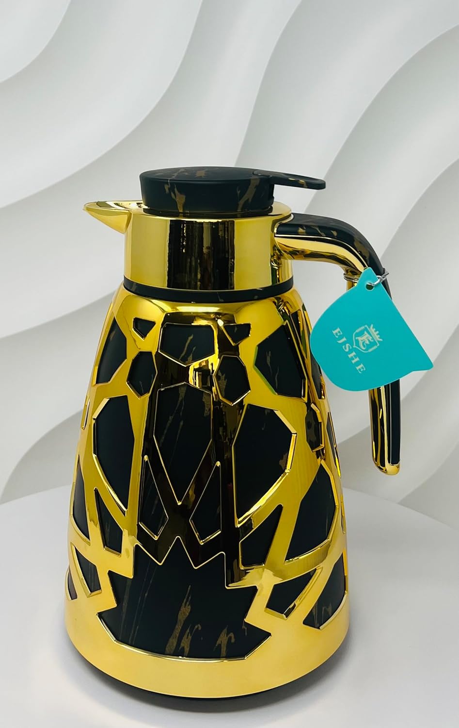 Luxury Thermal Carafe, MARBLE BLACK and Gold Design, Geometric Pattern, 1L Capacity