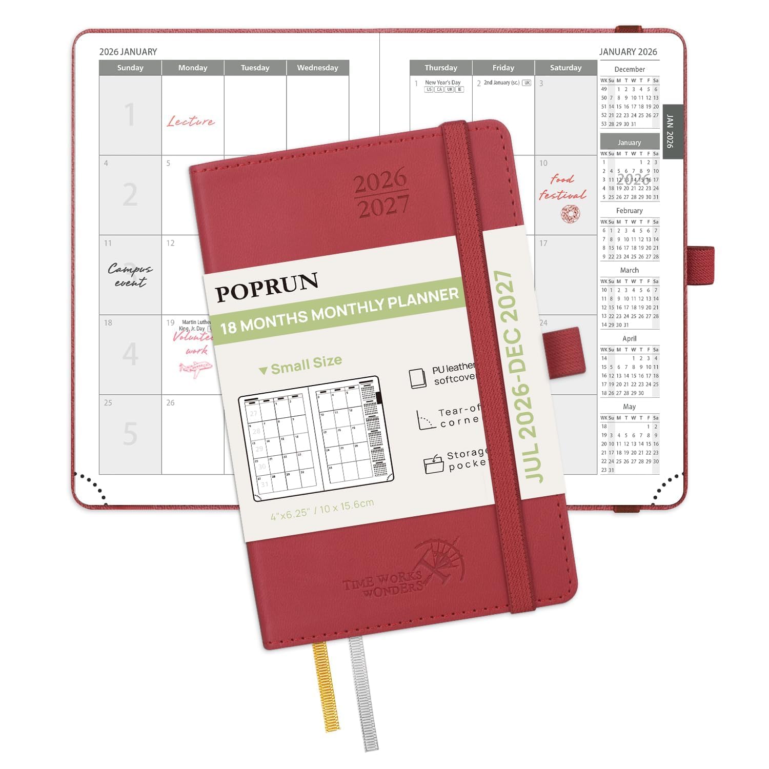 POPRUN Month to View Diary 2026-2027 A6 (16x10.5cm) Pocket (18-Month: Jul'26 - Dec'27) Monthly Planner Soft Cover Small 26/27 Diary, Sunday Start(Burgundy) โ image 1