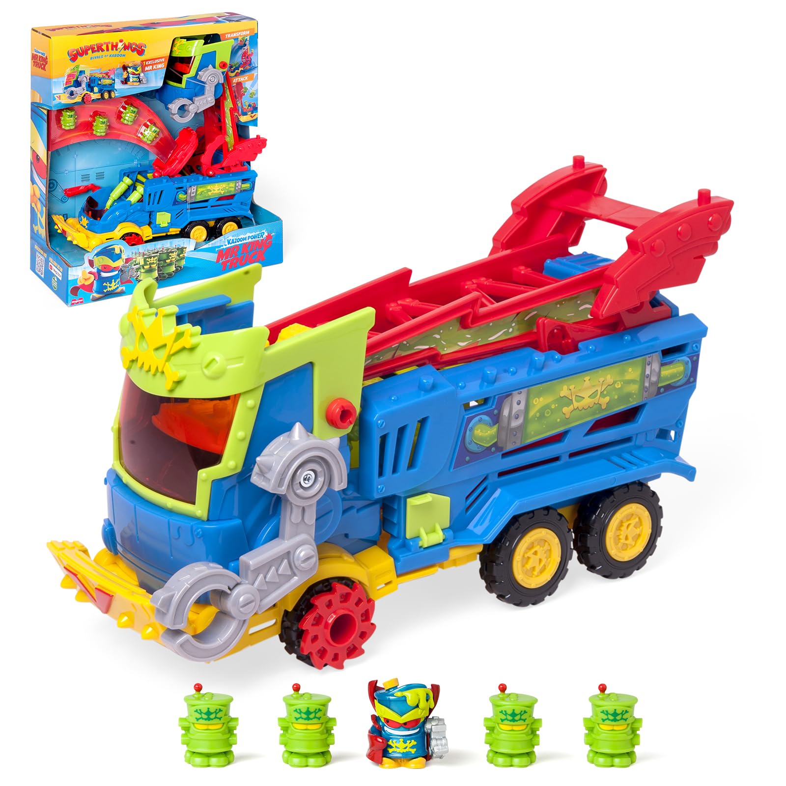 SUPERTHINGS RIVALS OF KABOOM Power - Mr. King Truck from the TV series Power contains 1 Mr. King Truck, 1 Mr. King Exclusive, 4 Robotoxics, 1 Trigger and 3 Projectiles