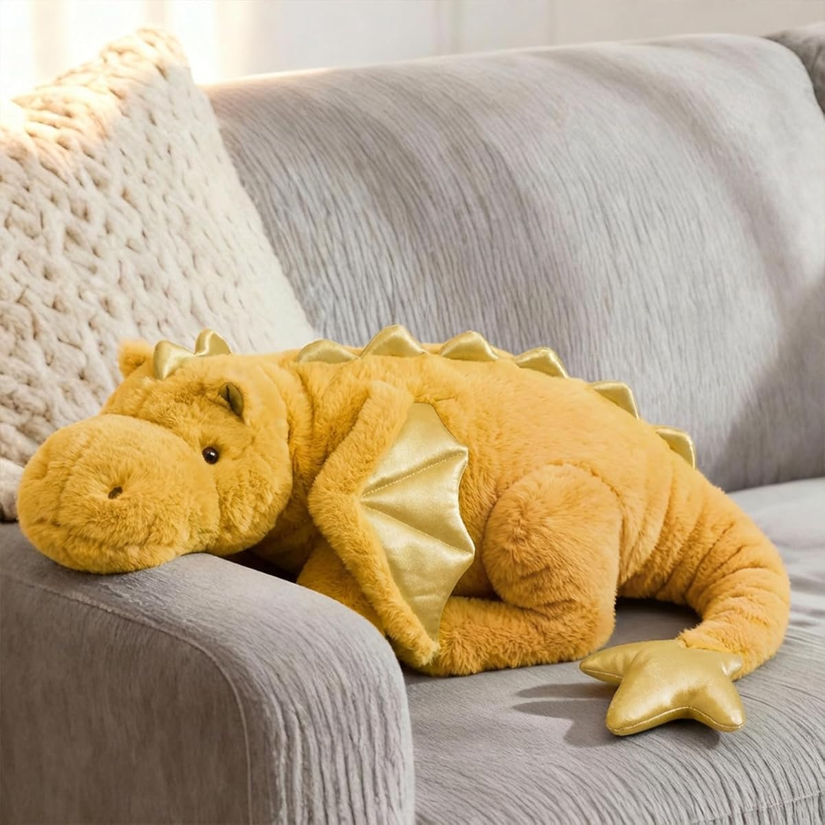 ARELUX Large 37in Cute Dragon Stuffed Animals Plush Toy Soft Yellow Pterosaur Plushie Giant Fuzzy Dinosaur Pillow Plushies with Wings Cuddly for Friends Family