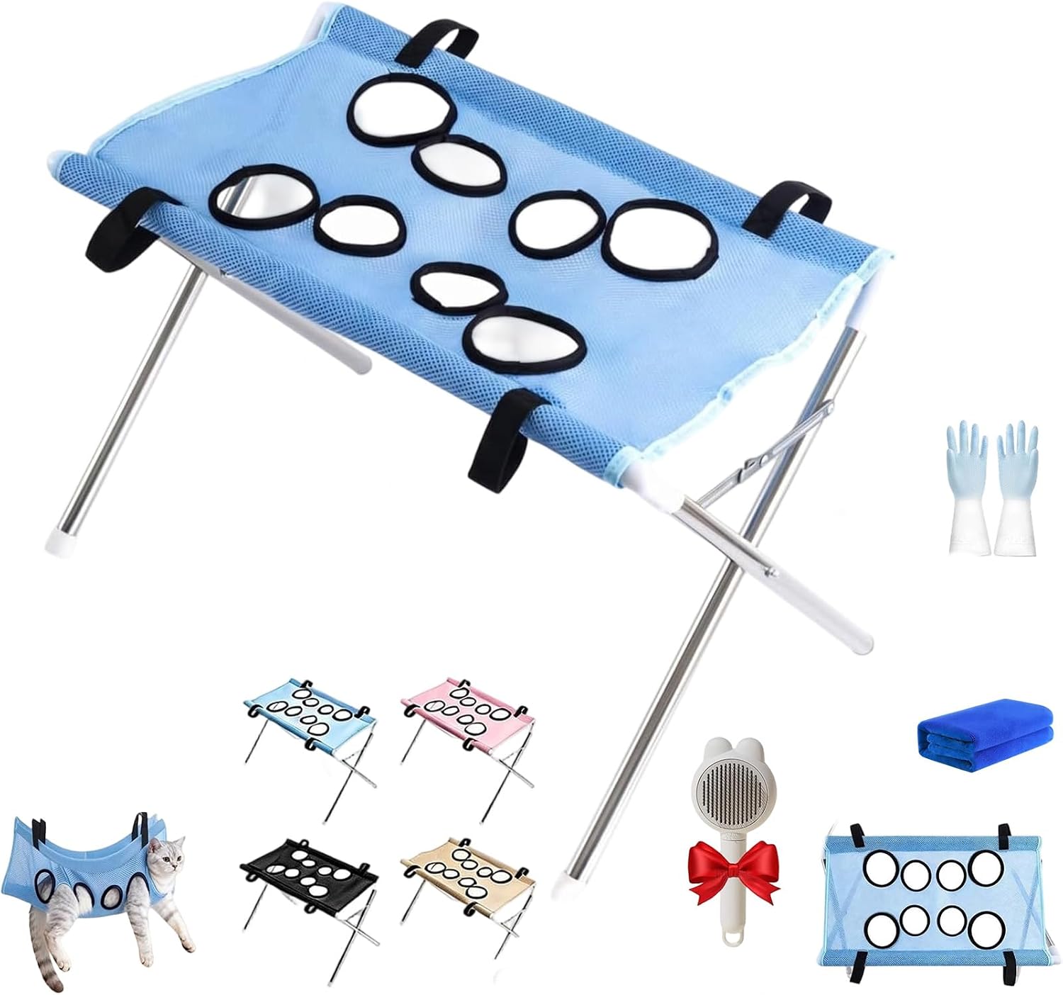 2-in-1 Foldable Pet Grooming Bed, Pet Bathing Stand, Portable Shower Station with Quick-Dry Mesh Sling, Home Nail Trimming Rack to Relieve Back Strain (B)