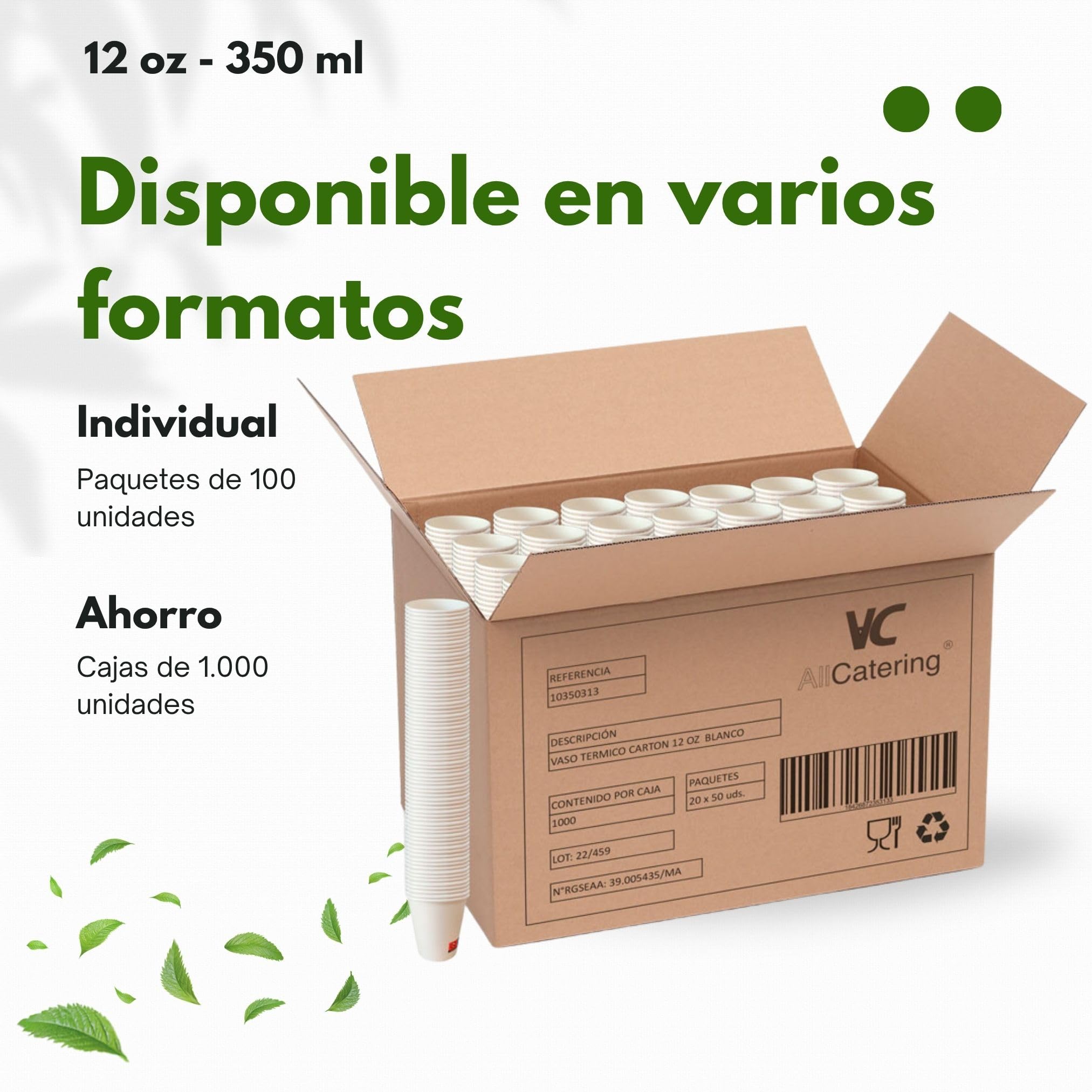Vasos Desechables de Café Para Llevar - Vasos Cartón para Servir el Café, el Té, Bebidas Calientes y Frías (12 oz - 350 ml, Blanco) - Caja de 1.000 vasos