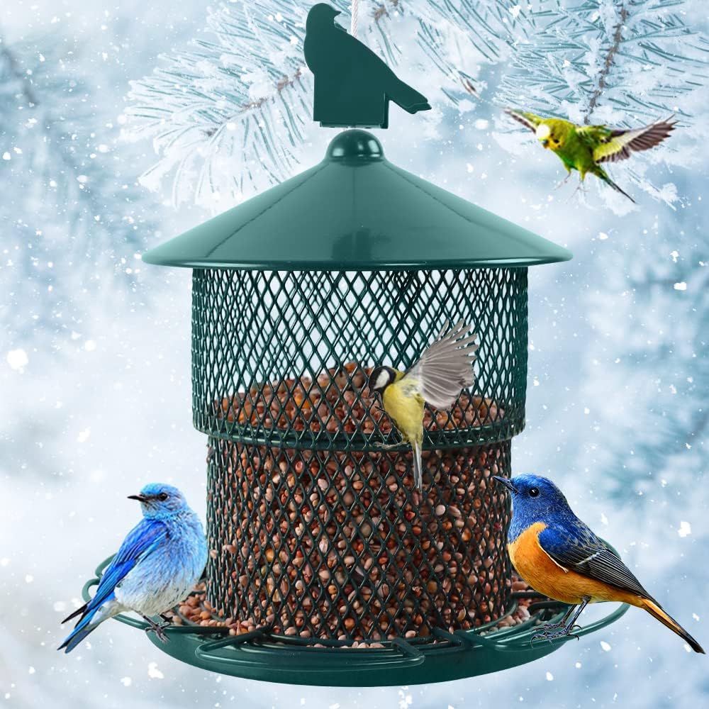 metal bird feeders for outside, hanging squirrel proof bird feeder, 4 lbs large seed capacity, outdoor iron mesh wild birdfeeders with 6 perches, large proof (green)