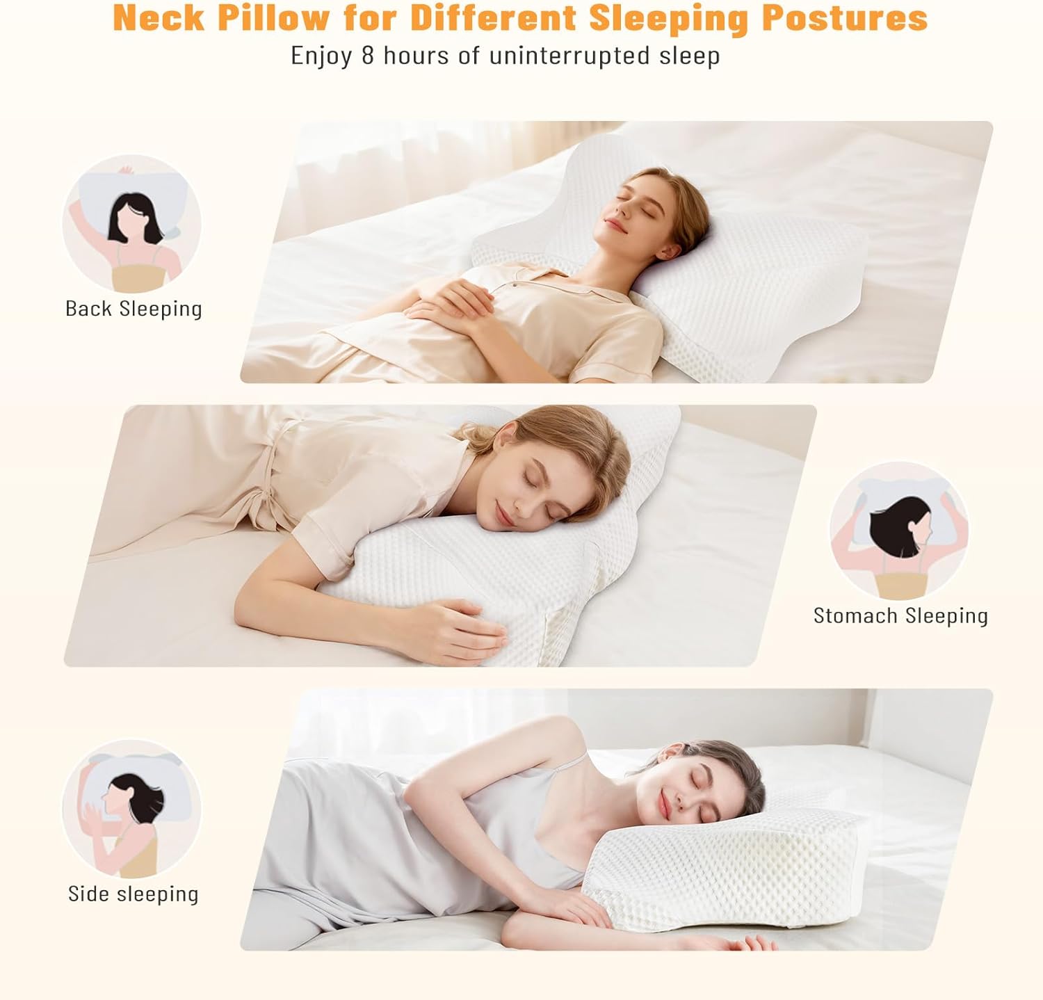 Cervical Neck Pillow, Memory Foam Pillow for Neck Pain Relief, Ergonomic Bed Pillow with Neck Support for Side, Back & Stomach Sleepers, Queen, 2PCS, White
