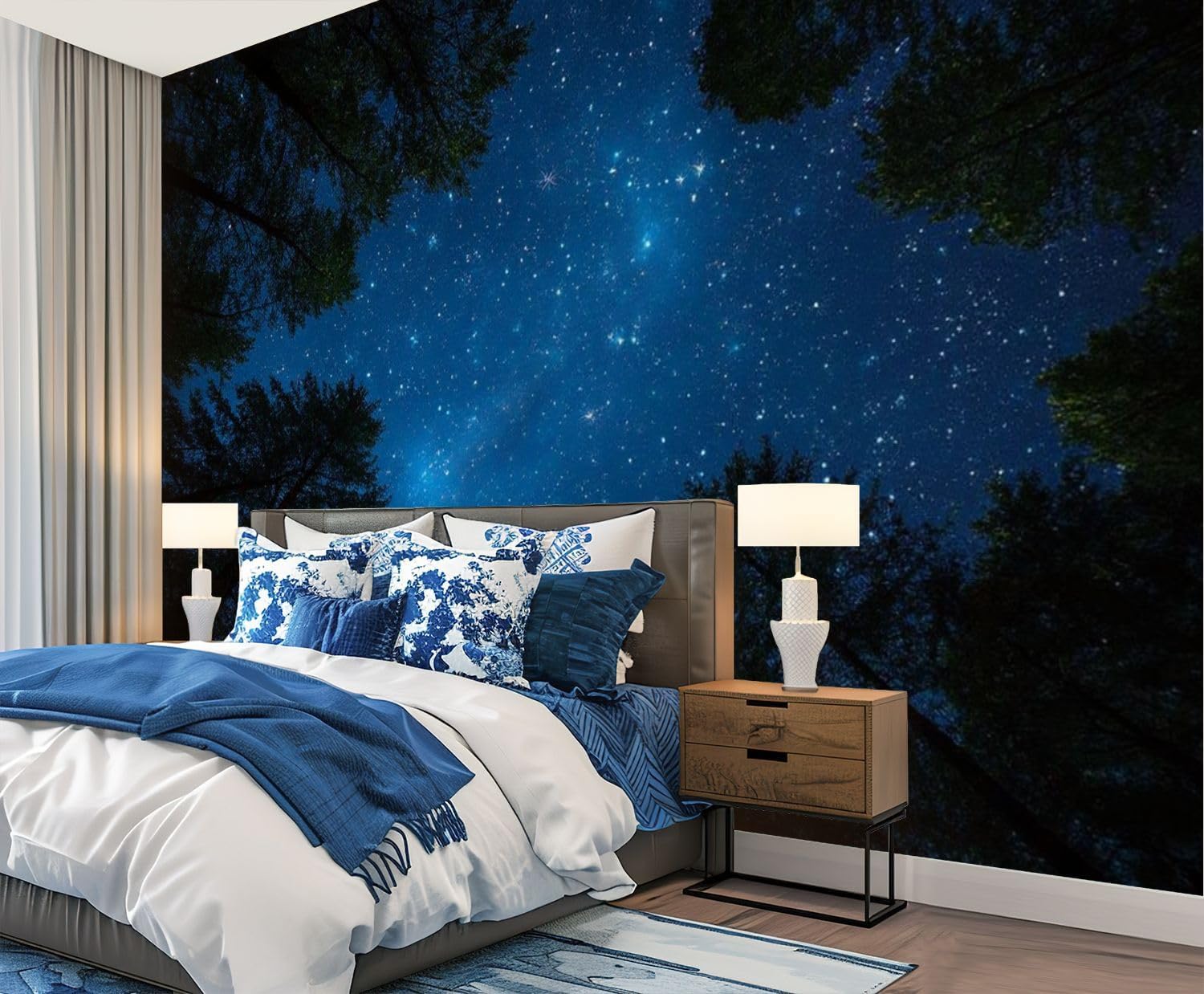 Wall Mural Wallpaper Forest Starry Night Galaxy Tree Sky Pine Trees Silhouetted Peel and Stick Wallpaper Self Adhesive Sticker Wrap Removable Vinyl Film Roll Paper Bedroom Decor