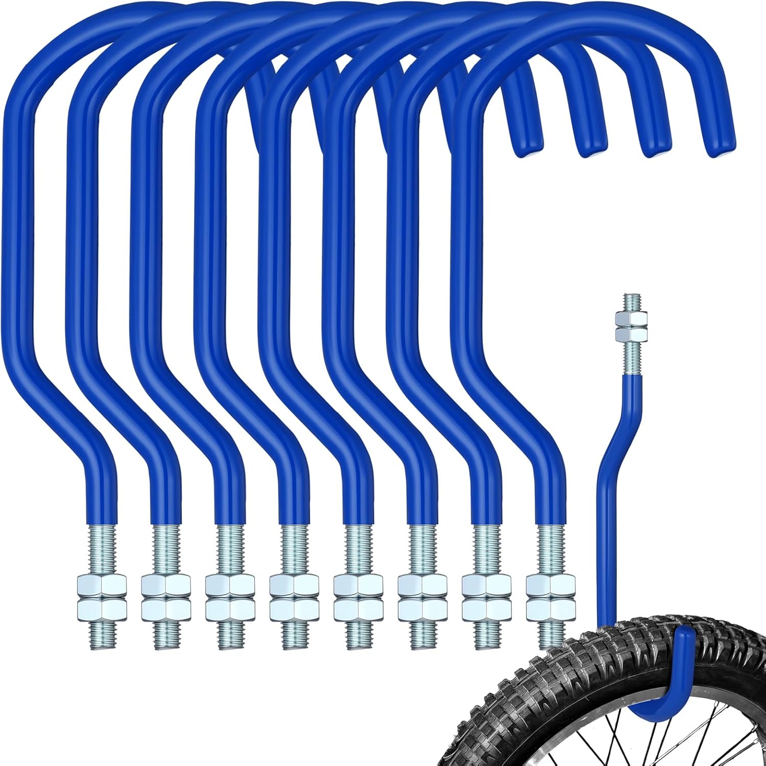 Shimeyao 8 Pcs Machine Thread Bicycle Storage Hook with Nut Heavy Duty Bike Hooks M10 x 1.5 Machine Threading Hook Rubber Coated Bicycle Hanger for Hanging Large Mountain Bike Tire (3.15 Inch,Blue)