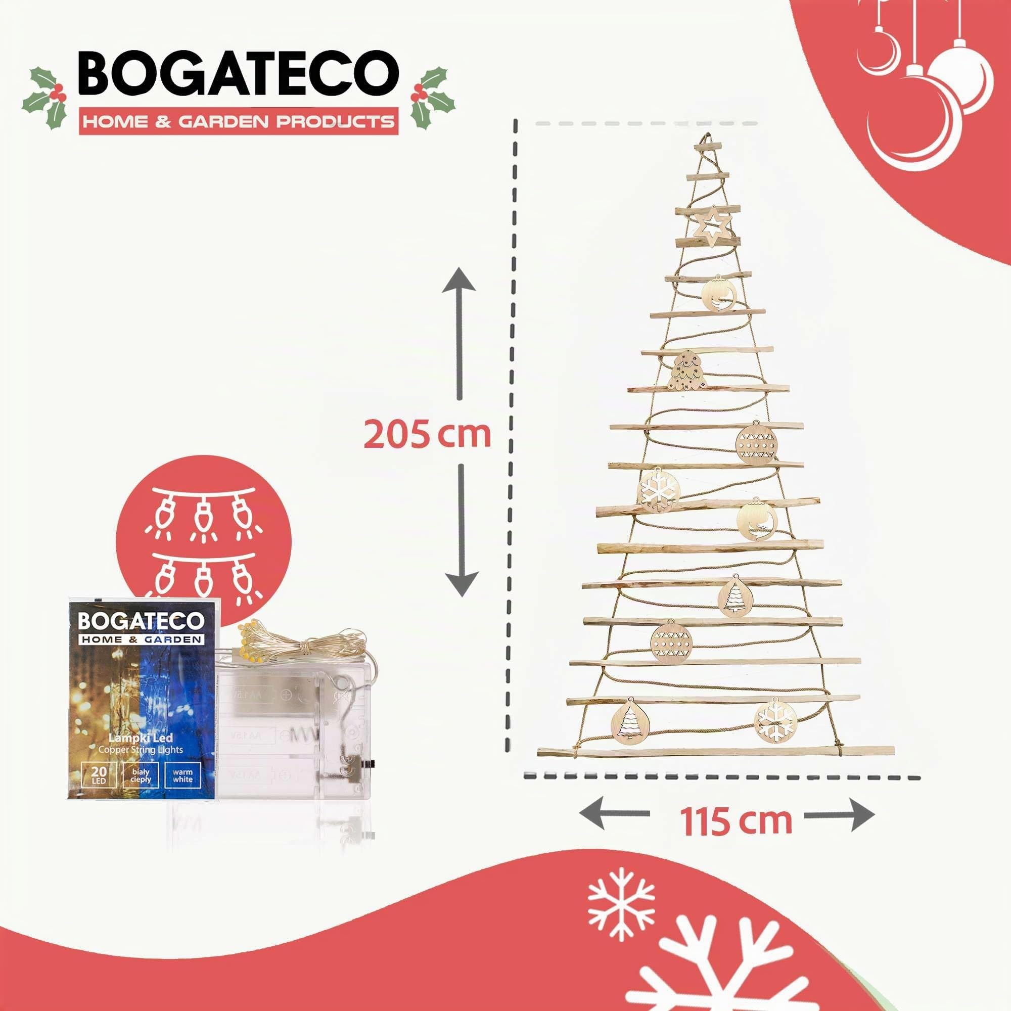 BOGATECO Sapin de Noël fait à la main Hauteur 205 cm avec décorations en bois de noisette, pendentif décoratif avec lumières LED de 10 m, panneaux en bois reliés à une corde de jute avec un