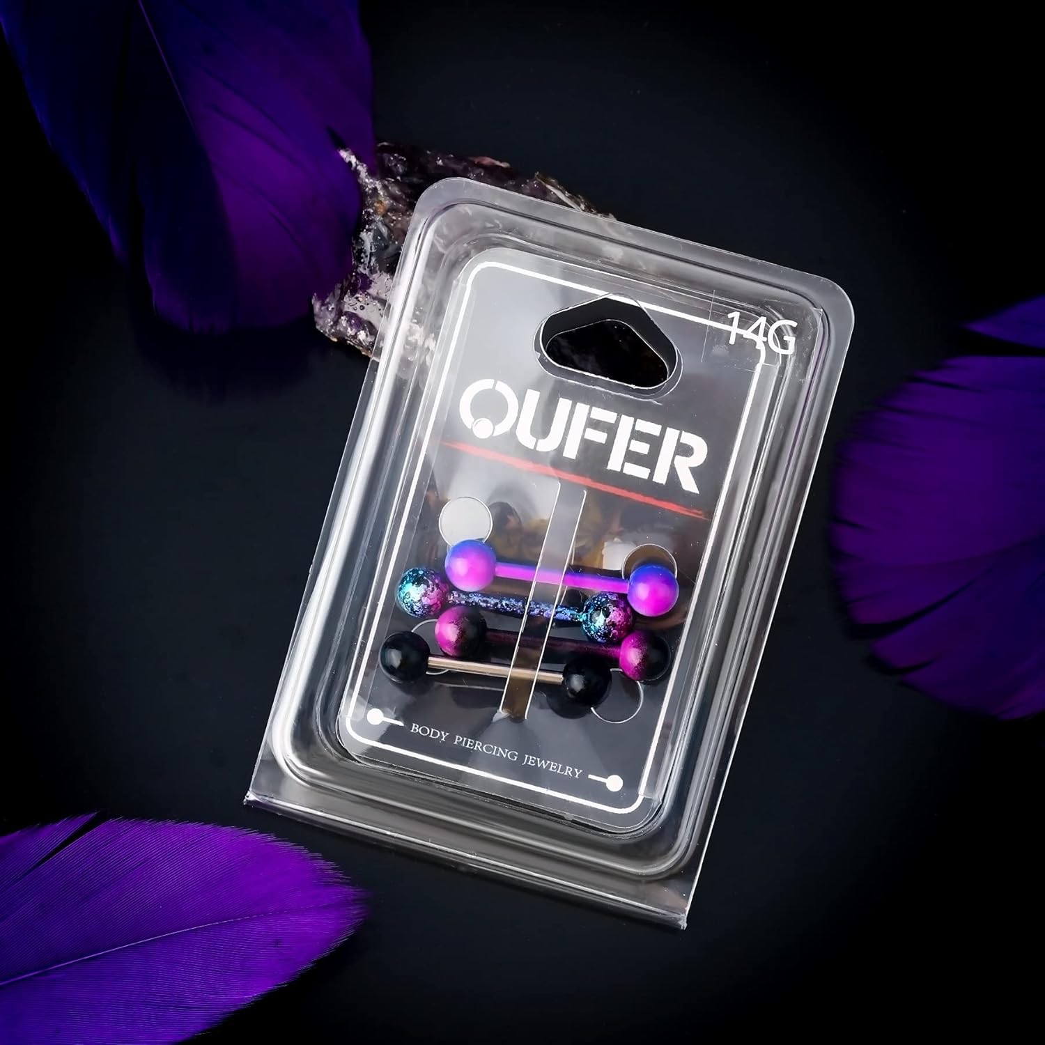 OUFER 4 PCS Stainless Steel 14G Barbell Tongue Rings - Purple Black Splatter Tongue Barbell Piercing Jewelry - Image 7
