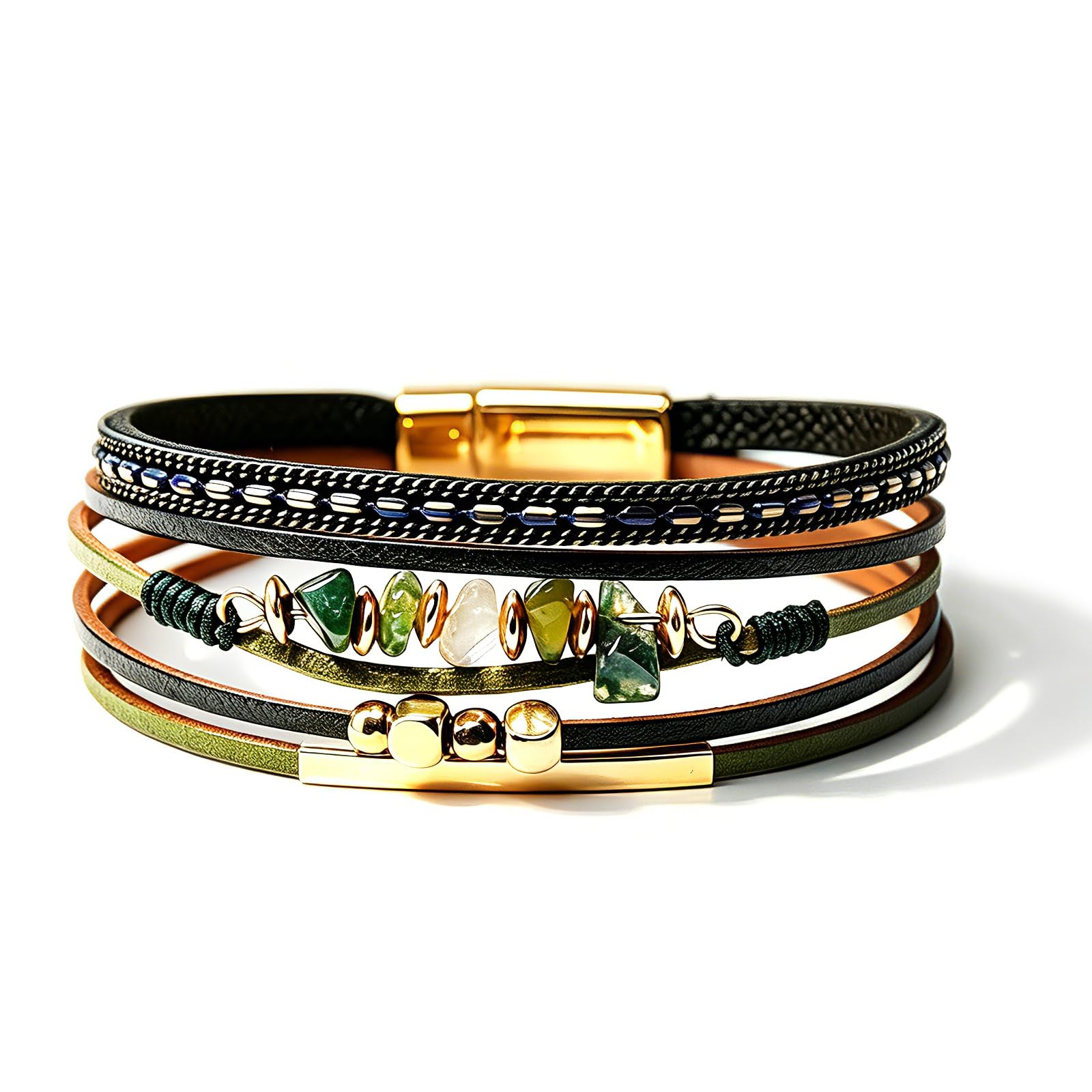 leather bracelets for men/women, bohemian multi-layer wrap natural stone boho cuff with magnetic clasp, green unisex jewelry